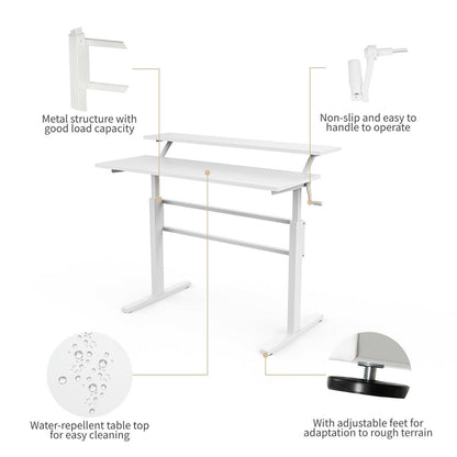 2-Tier Height Adjustable Standing Desk with Crank Handle-White
