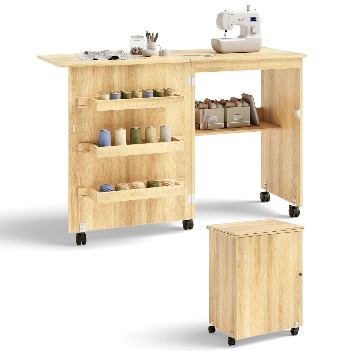 Folding Sewing Table with Storage Shelves and Lockable Casters-Beige