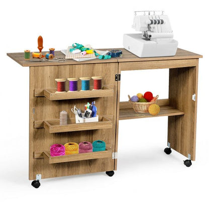 Folding Sewing Craft Table Shelf Storage Cabinet Home Furniture-Natural