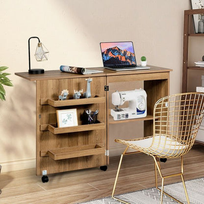 Folding Sewing Craft Table Shelf Storage Cabinet Home Furniture-Natural