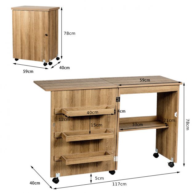 Folding Sewing Craft Table Shelf Storage Cabinet Home Furniture-Natural