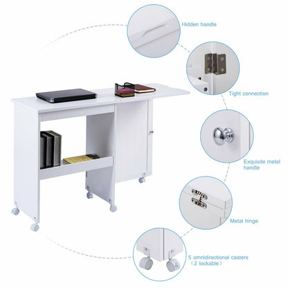 Folding Sewing Table with Storage Shelves and Lockable Casters-White