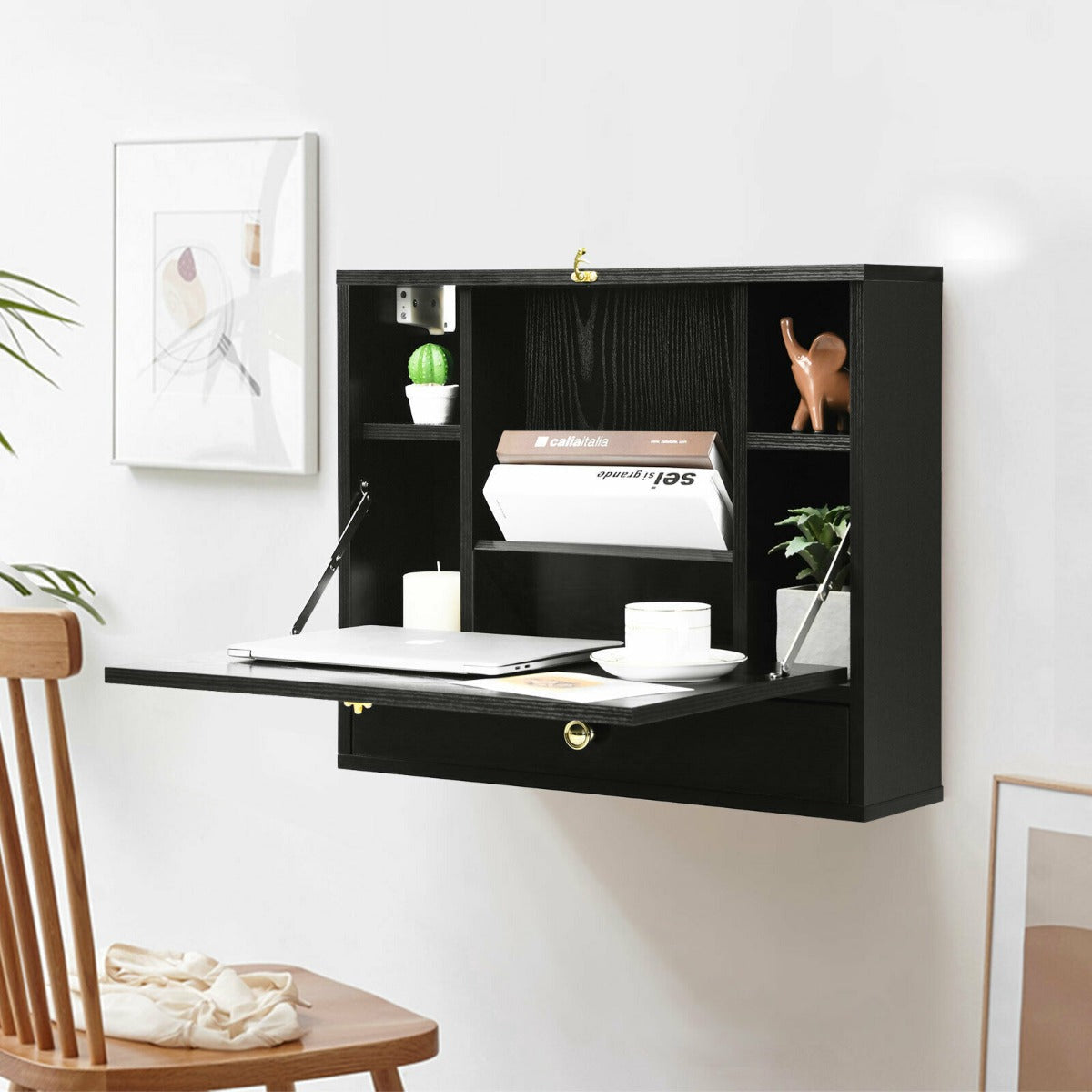 Wall Mounted Wooden Cabinet with Drop Down Desk-Black