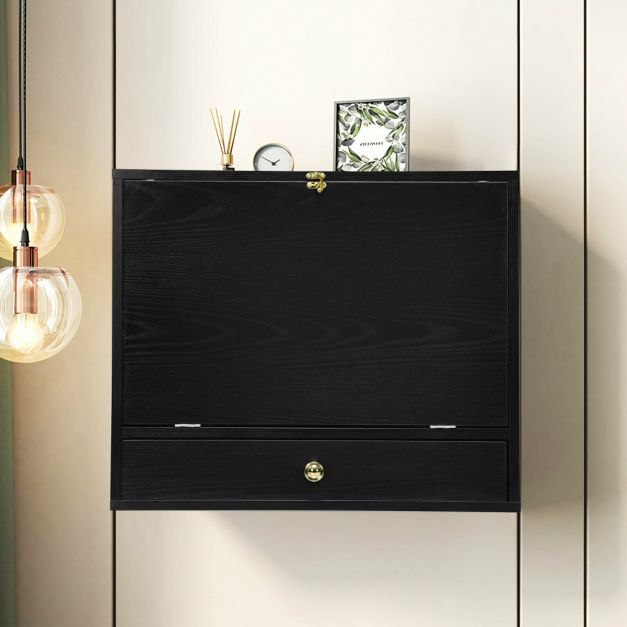 Wall Mounted Wooden Cabinet with Drop Down Desk-Black