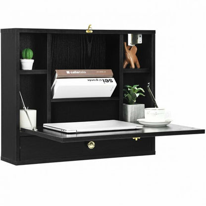 Wall Mounted Wooden Cabinet with Drop Down Desk-Black
