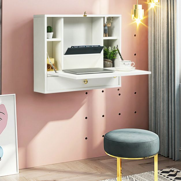 Wall Mounted Foldable Multi-functional desk Wooden Cabinet-White