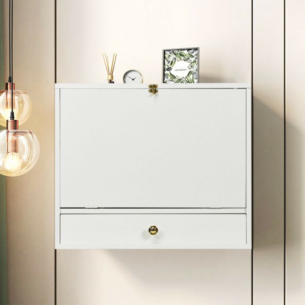 Wall Mounted Foldable Multi-functional desk Wooden Cabinet-White