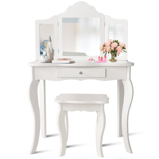 Kids Wooden Vanity Table and Stool Set with Detachable Top Folding Mirrors-White