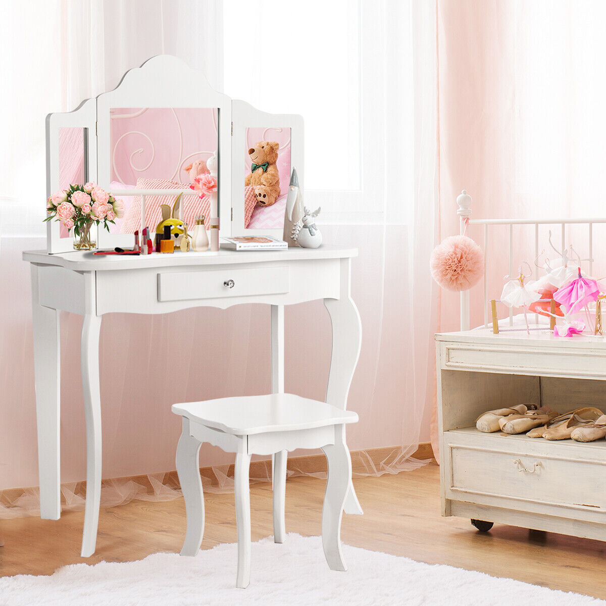 Kids Wooden Vanity Table and Stool Set with Detachable Top Folding Mirrors-White