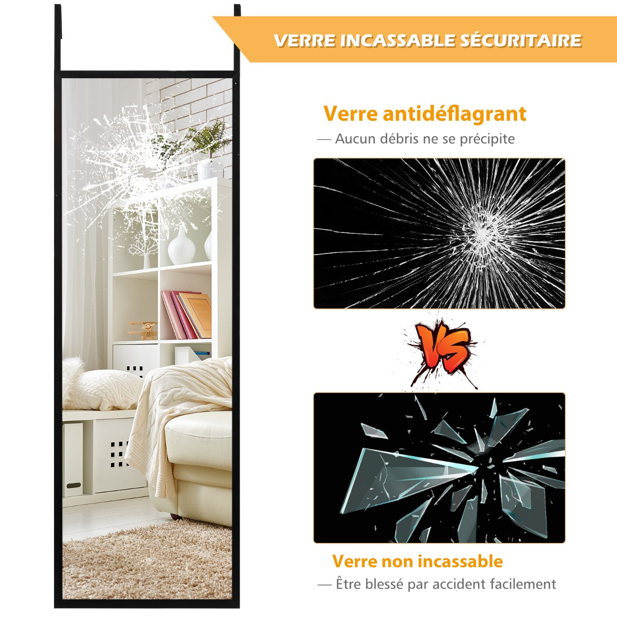 Full Length Wall-Mounted Mirror with Height Adjusting Hooks-Black