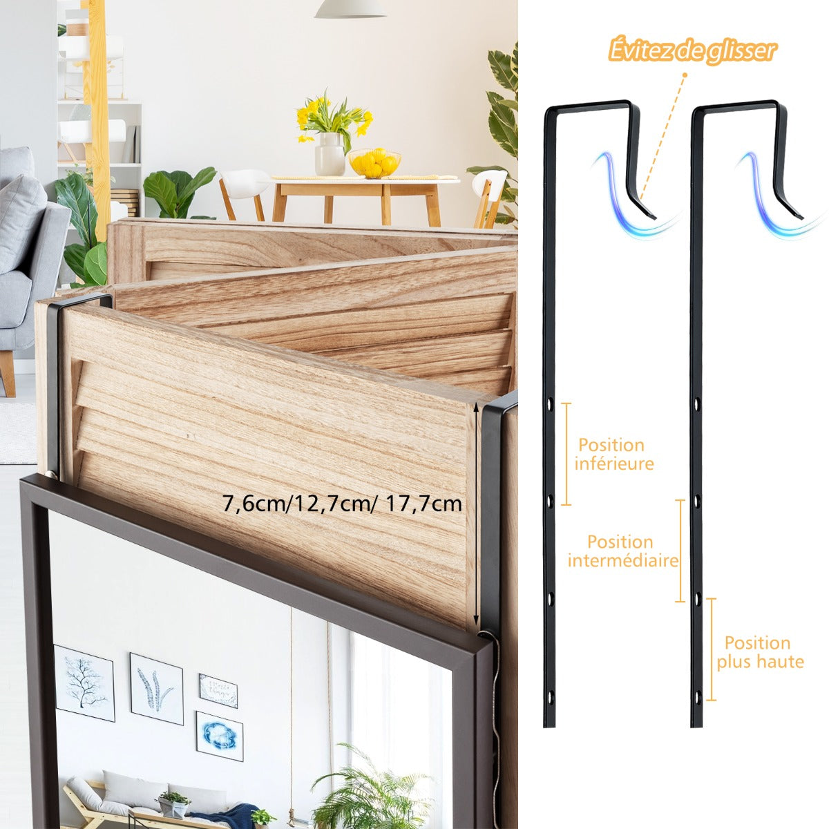 Full Length Wall-Mounted Mirror with Height Adjusting Hooks-Brown