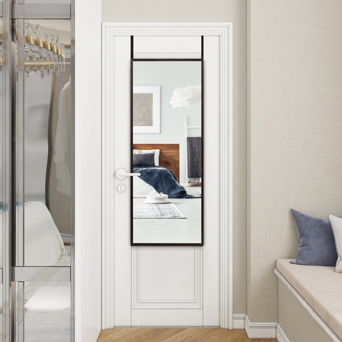 Full Length Wall-Mounted Mirror with Height Adjusting Hooks-Brown