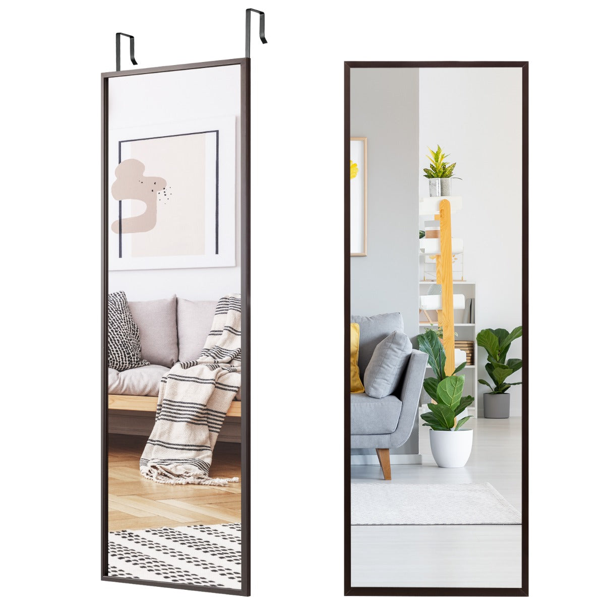 Full Length Wall-Mounted Mirror with Height Adjusting Hooks-Brown