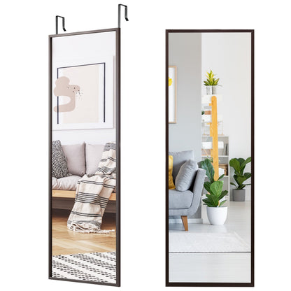 Full Length Wall-Mounted Mirror with Height Adjusting Hooks-Brown