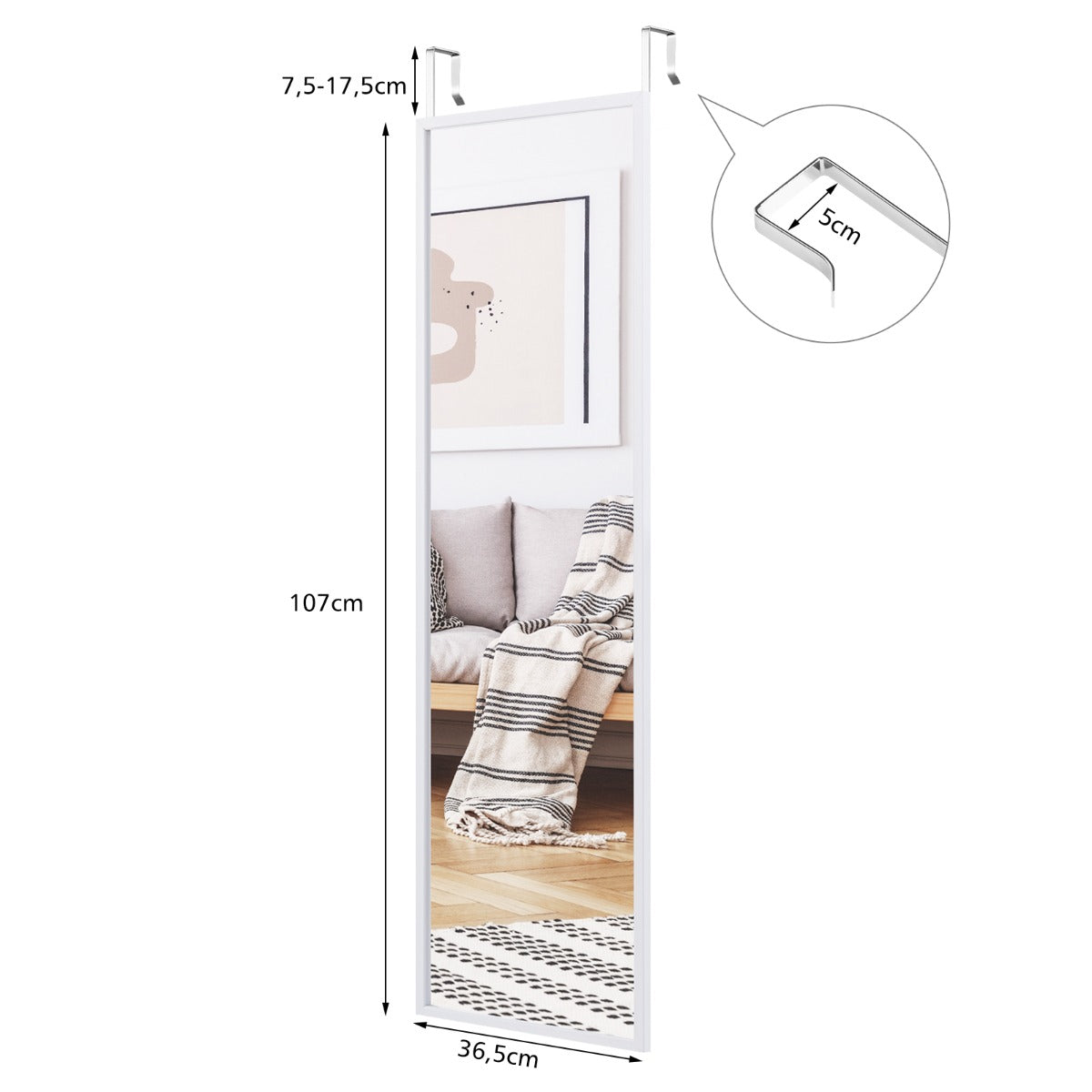 Full Length Wall-Mounted Mirror with Height Adjusting Hooks-White