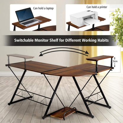 L-Shaped Corner Computer Desk with Monitor Stand and Host Tray-Walnut