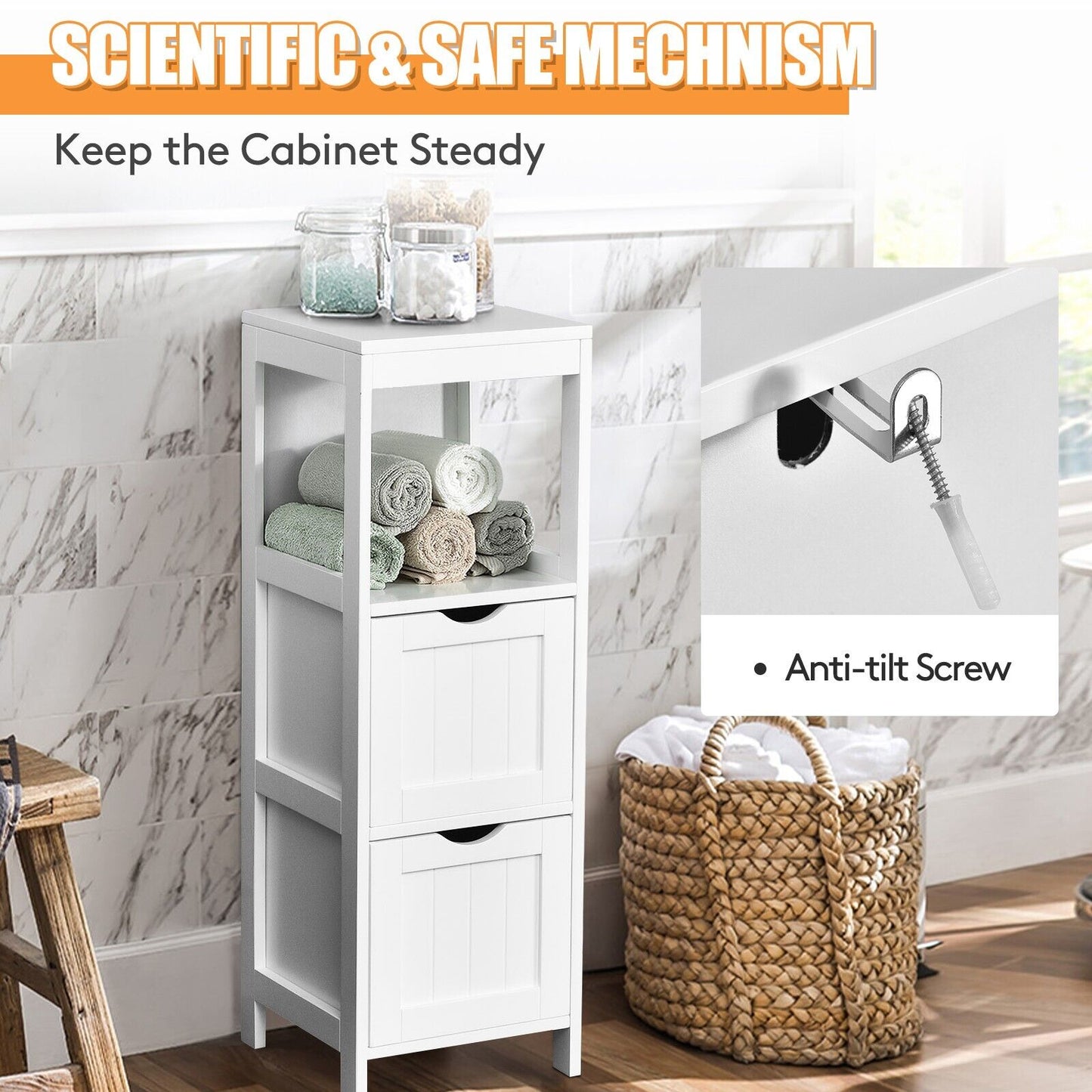 Bathroom Storage Cabinet with 2 Removable Drawers and Open Shelf-White