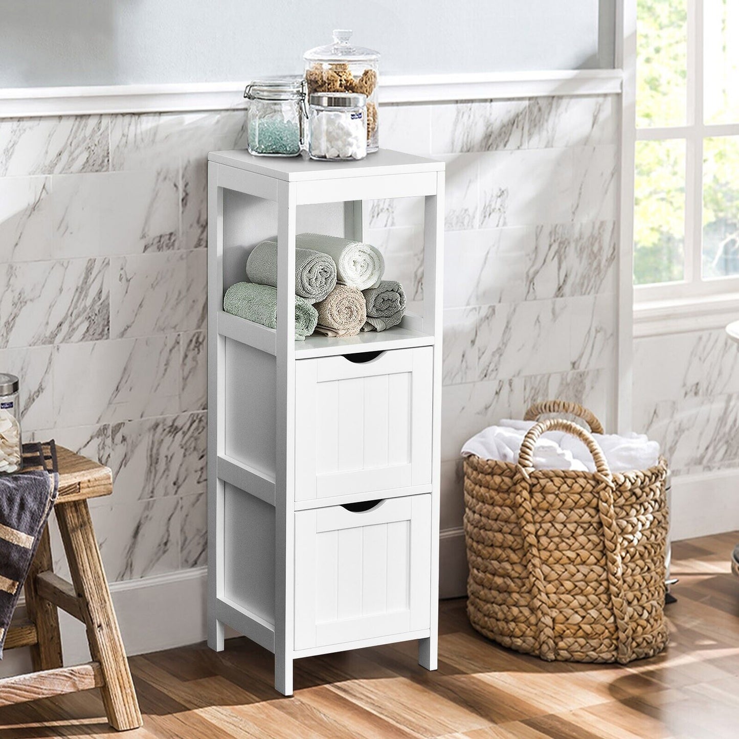 Bathroom Storage Cabinet with 2 Removable Drawers and Open Shelf-White