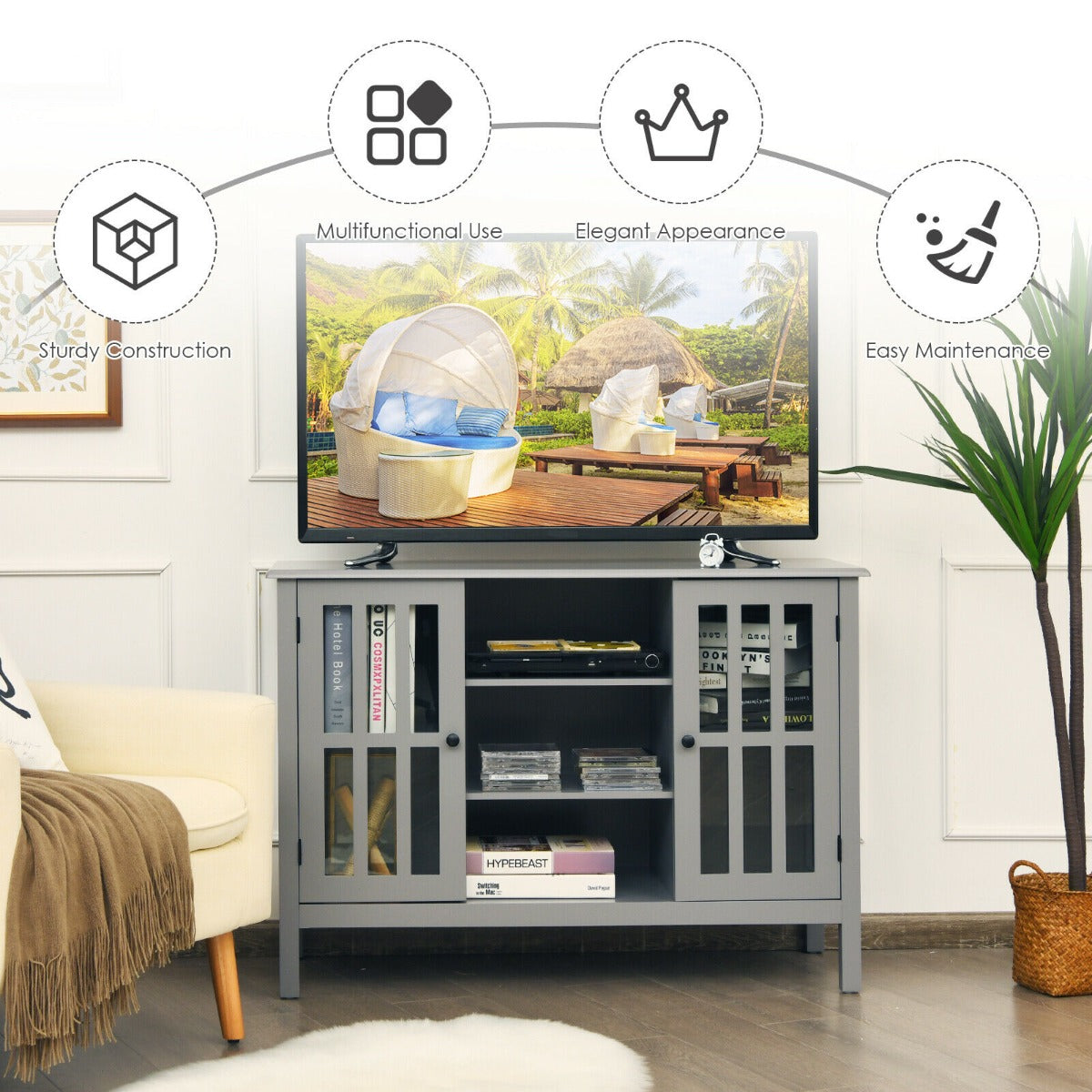 Wooden TV Stand Cabinet with Doors and Storage Shelves-Grey