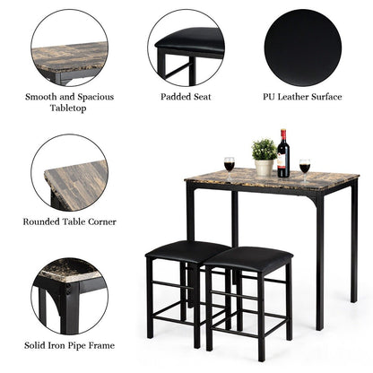 3 Piece Dining Table Set with 2 Faux Leather Backless Stools-Coffee