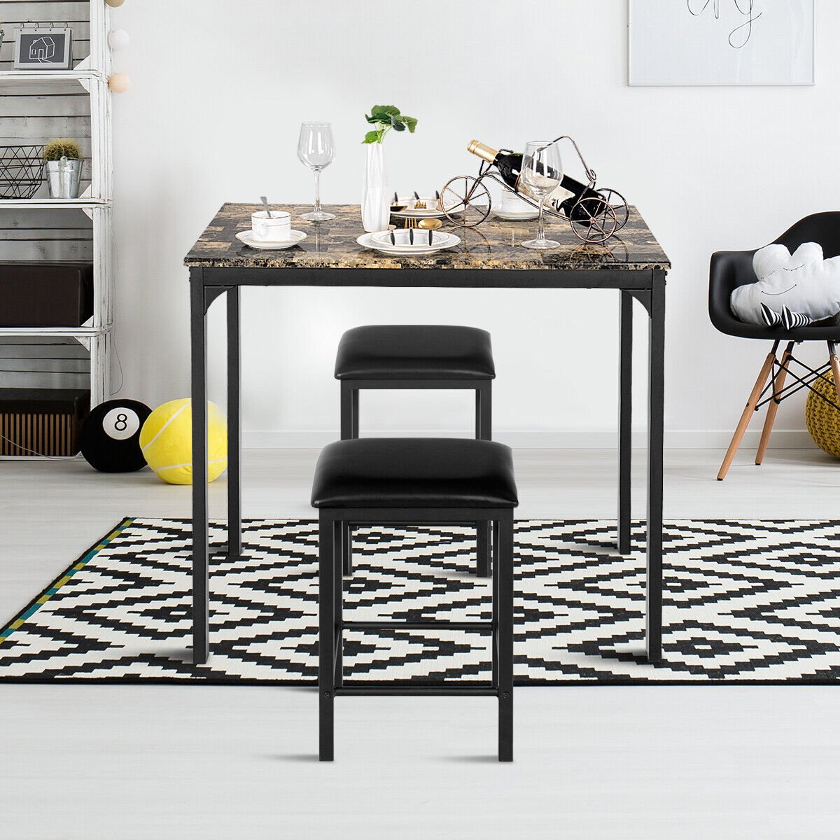 3 Piece Dining Table Set with 2 Faux Leather Backless Stools-Coffee