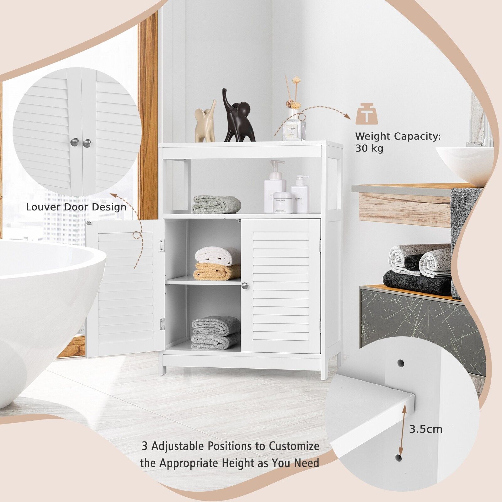 Bathroom Floor Cabinet with Double Shutter Door and Adjustable Shelf-White