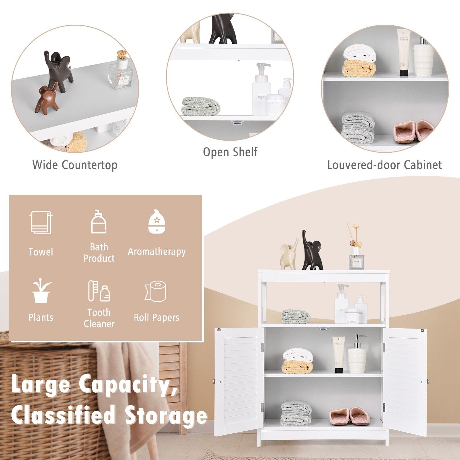 Bathroom Floor Cabinet with Double Shutter Door and Adjustable Shelf-White