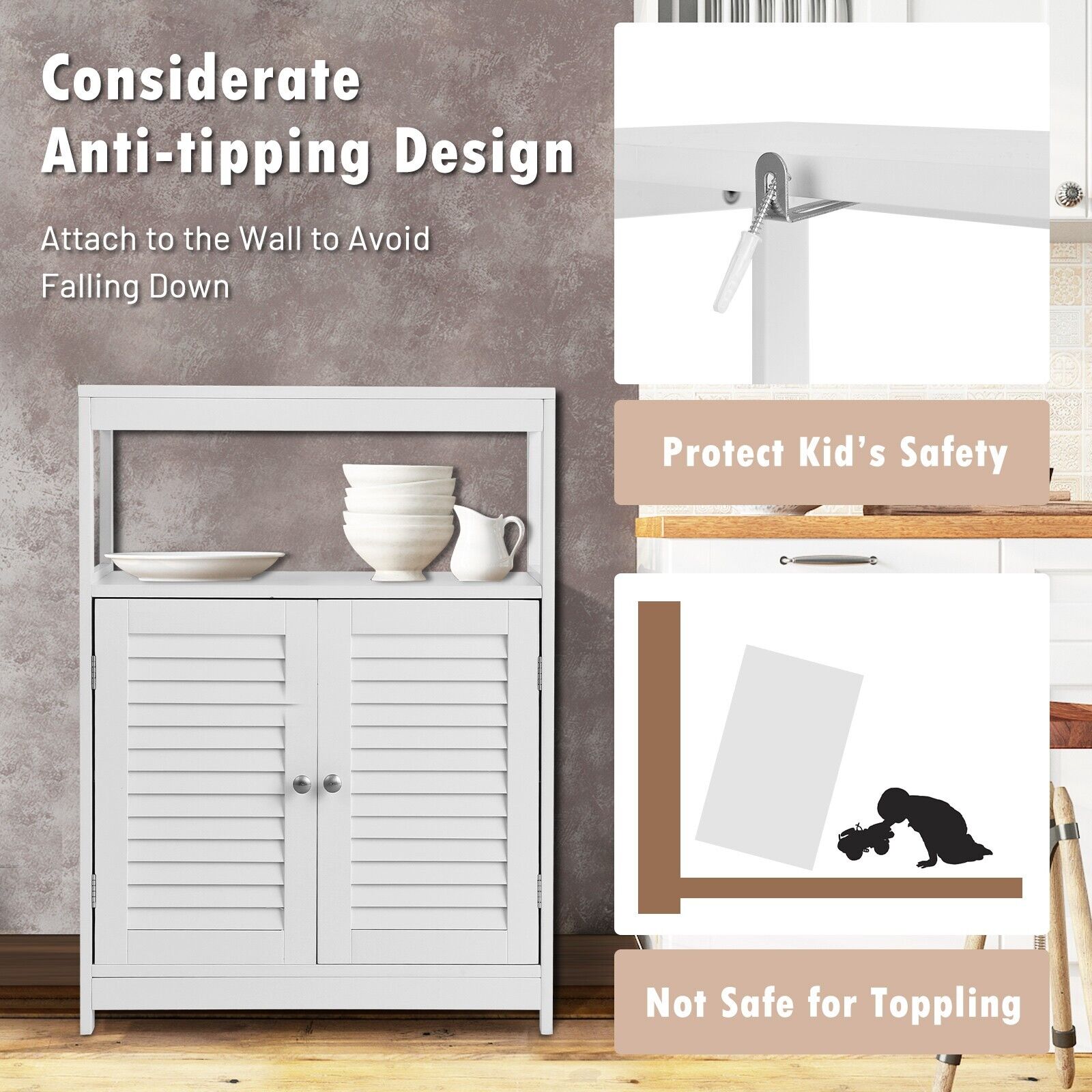 Bathroom Floor Cabinet with Double Shutter Door and Adjustable Shelf-White