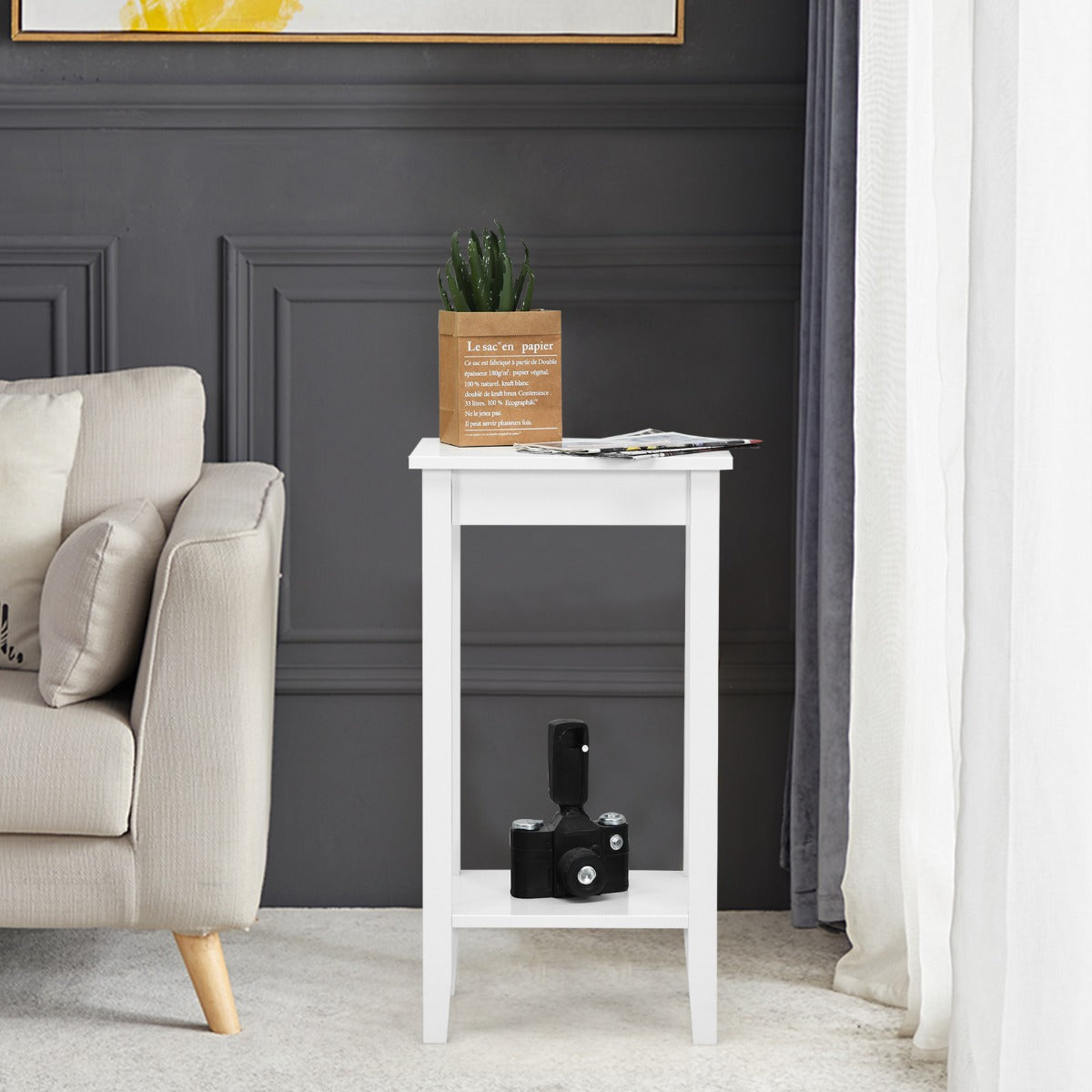 Narrow Sofa Side Table with Storage Shelf for Living Room