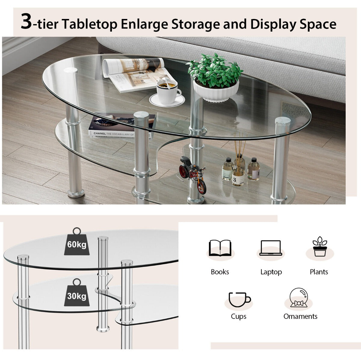 3 Tier Glass Table with Modern Oval Design Three Tier Transparent Shelf