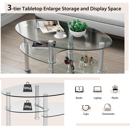 3 Tier Glass Table with Modern Oval Design Three Tier Transparent Shelf