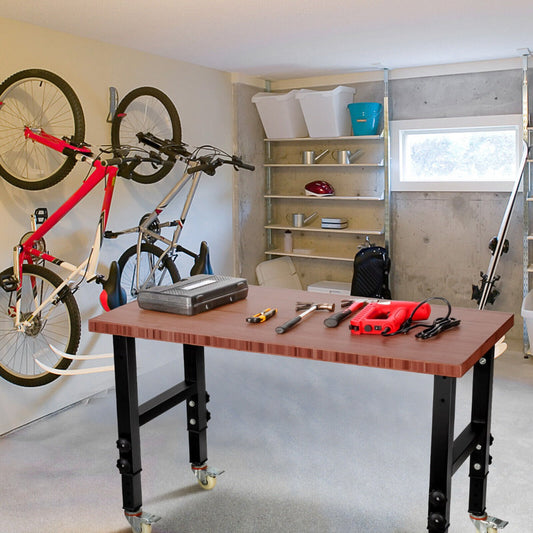 10 Level Height Adjustable Workbench with 4 Lockable Casters-Brown