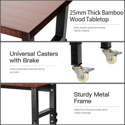 10 Level Height Adjustable Workbench with 4 Lockable Casters-Brown