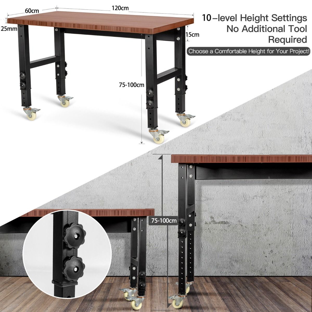 10 Level Height Adjustable Workbench with 4 Lockable Casters-Brown