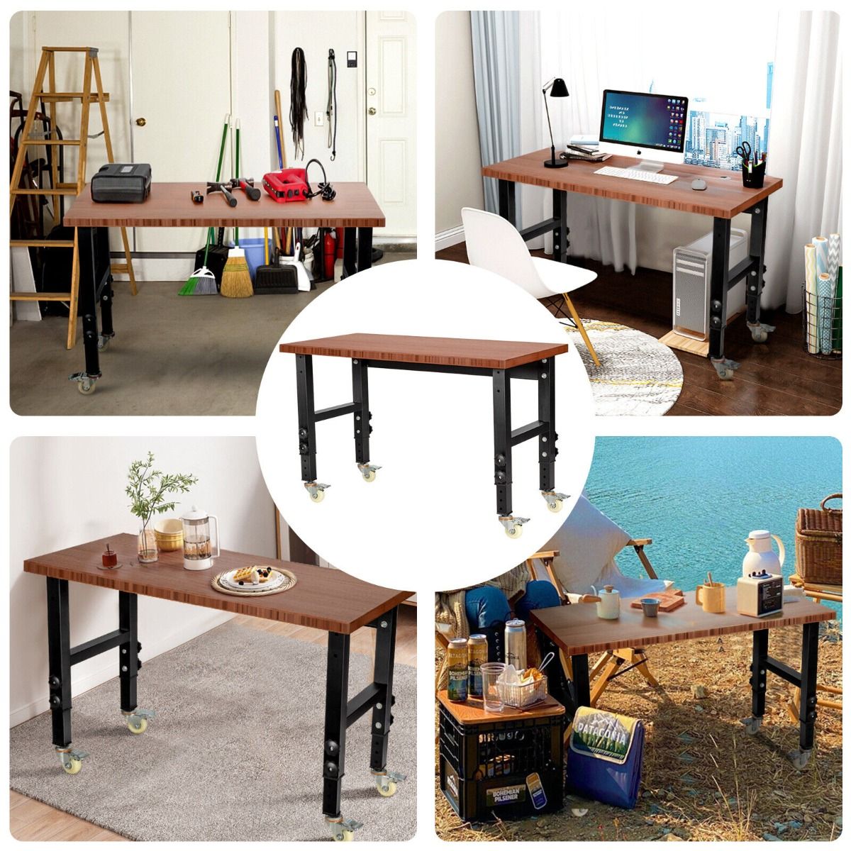 10 Level Height Adjustable Workbench with 4 Lockable Casters-Brown