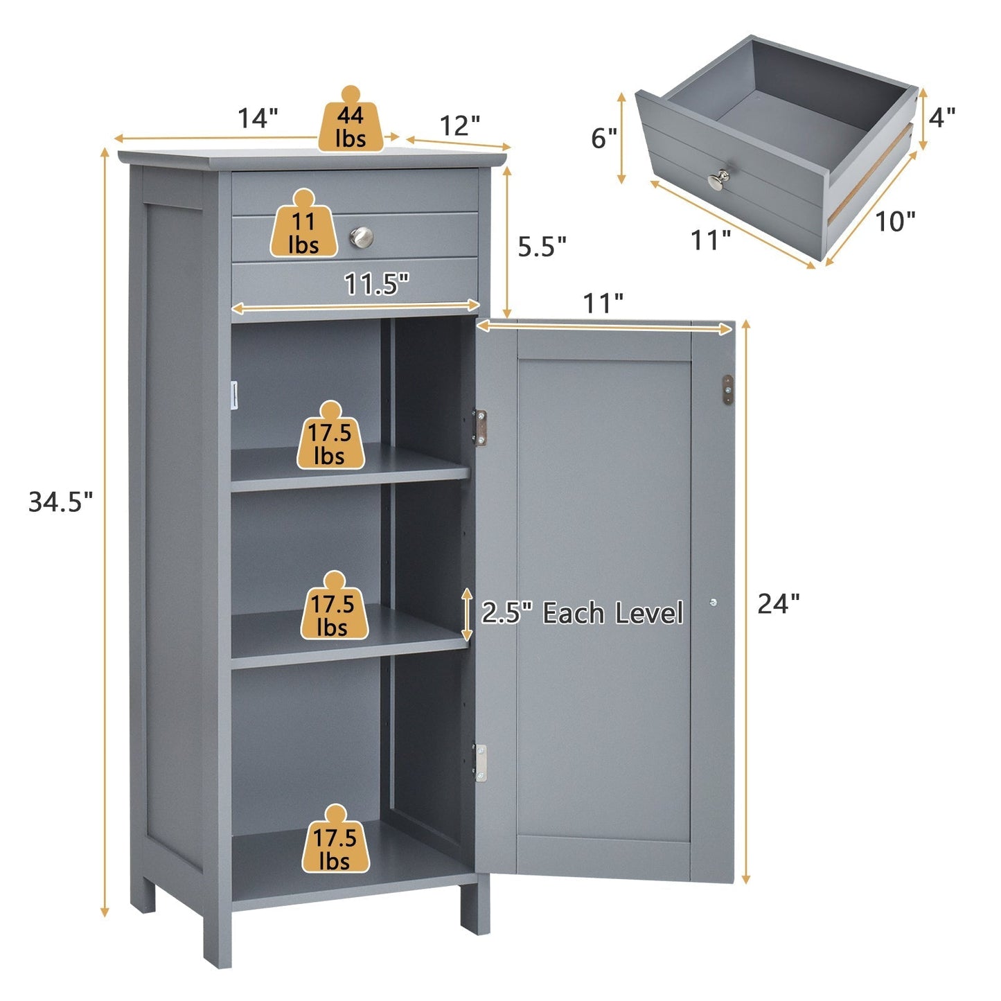 Floor Cabinet with Practical Drawer and 3-level Adjustable Shelves for Living Room/Bedroom-Gray