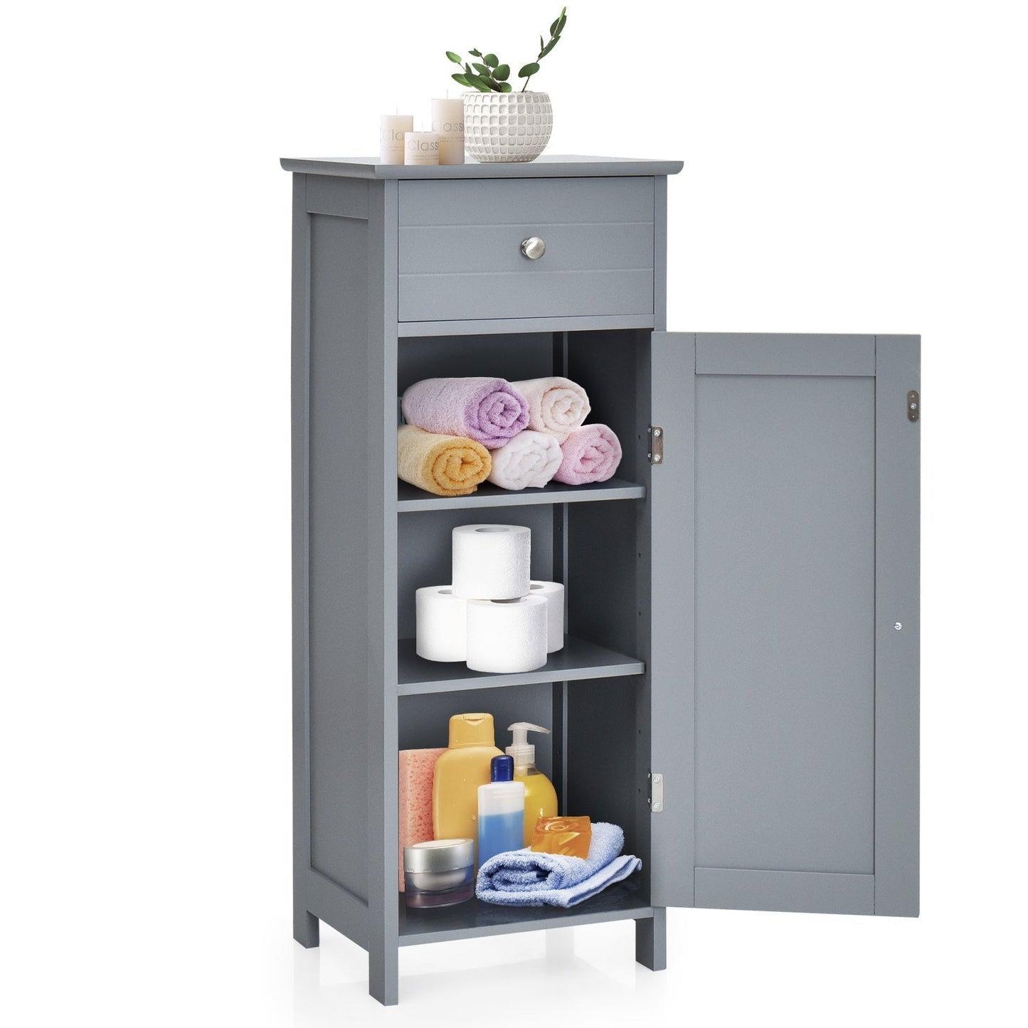 Floor Cabinet with Practical Drawer and 3-level Adjustable Shelves for Living Room/Bedroom-Gray