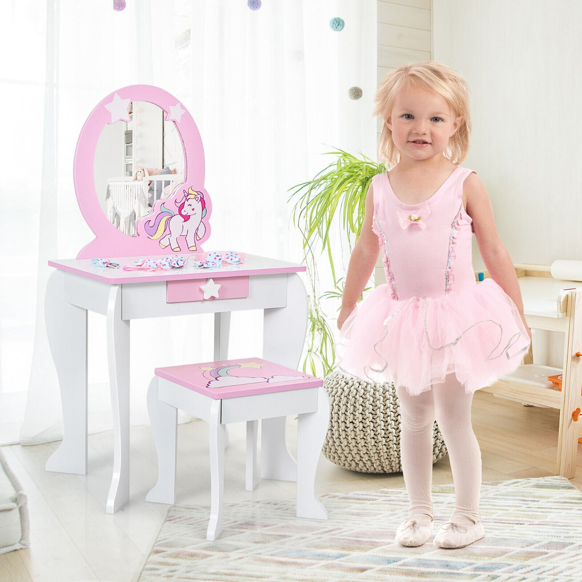 Kids Vanity Table and Chair Set with Mirror and Detachable Top-White