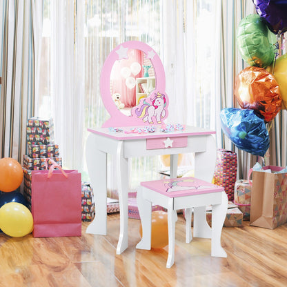 Kids Vanity Table and Chair Set with Mirror and Detachable Top-White