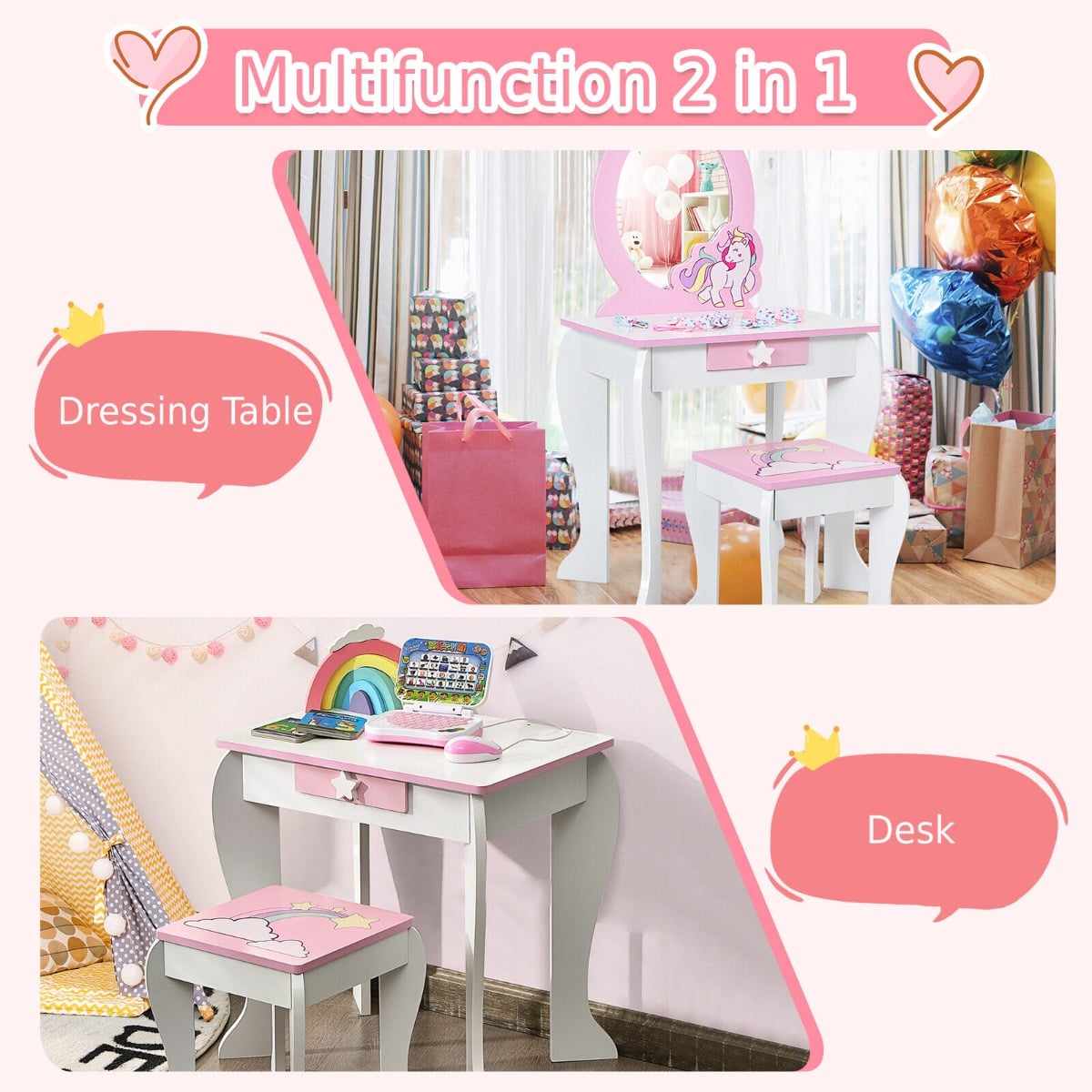 Kids Vanity Table and Chair Set with Mirror and Detachable Top-White
