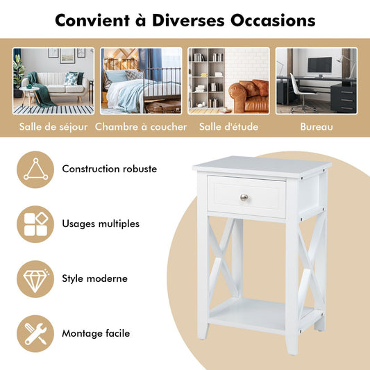 Storage End Bedside Drawer Nightstand w/ Bottom Shelf-White