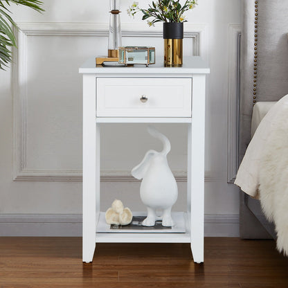 Storage End Bedside Drawer Nightstand w/ Bottom Shelf-White