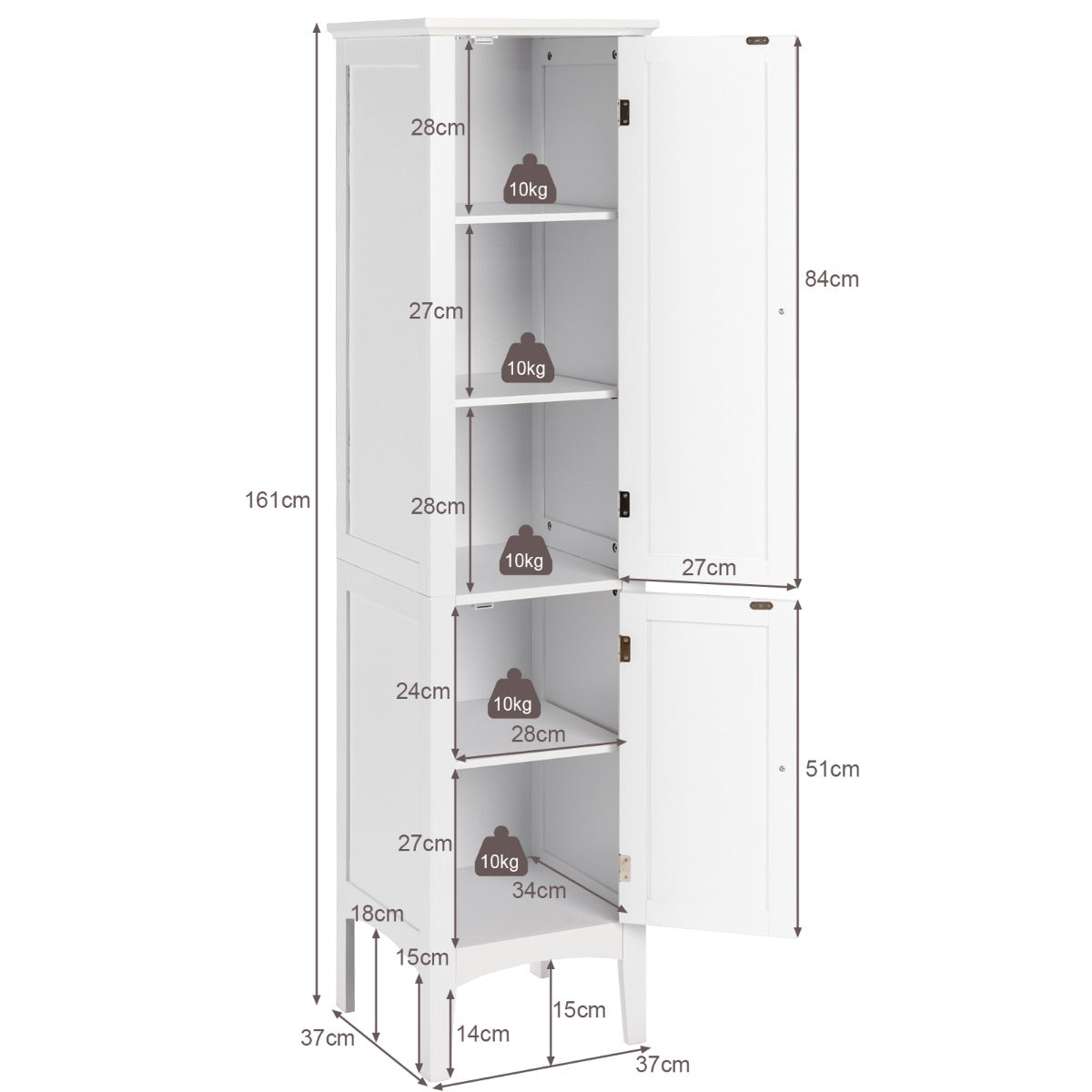 2-Door 160cm High Freestanding Bathroom Cabinet with 5-Tier Shelves-White