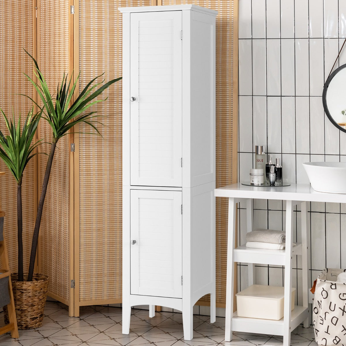 2-Door 160cm High Freestanding Bathroom Cabinet with 5-Tier Shelves-White