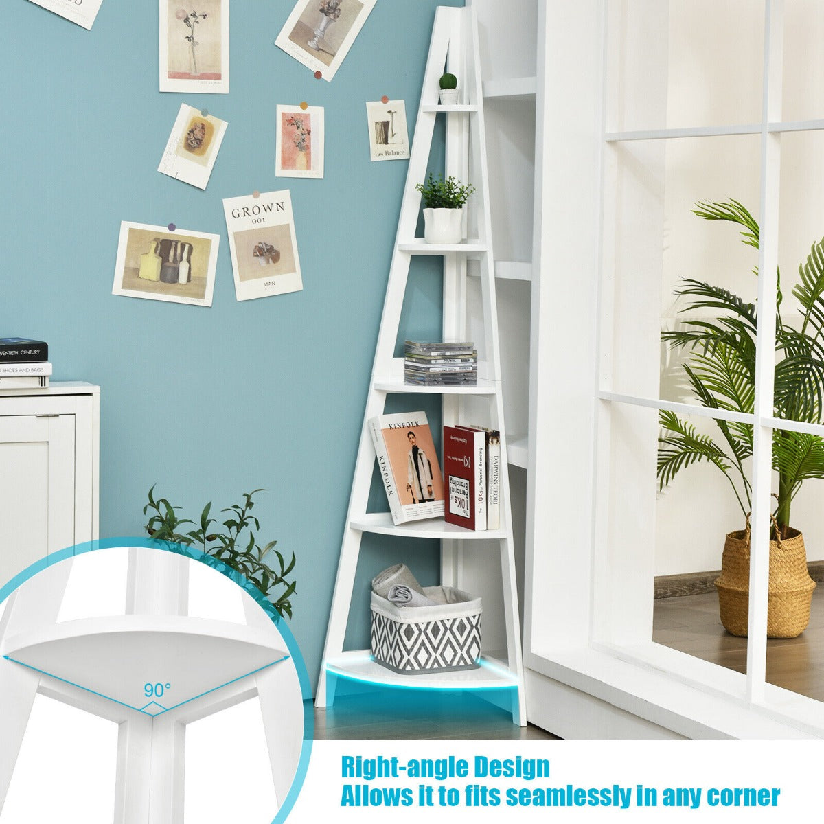 5-Tier Freestanding Wooden Storage Corner Shelf for Home Office-White