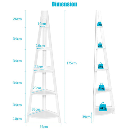 5-Tier Freestanding Wooden Storage Corner Shelf for Home Office-White