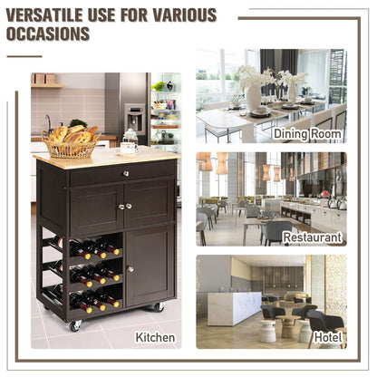 Rolling Kitchen Cart with 3 Tier Wine Racks and Cupboards-Brown