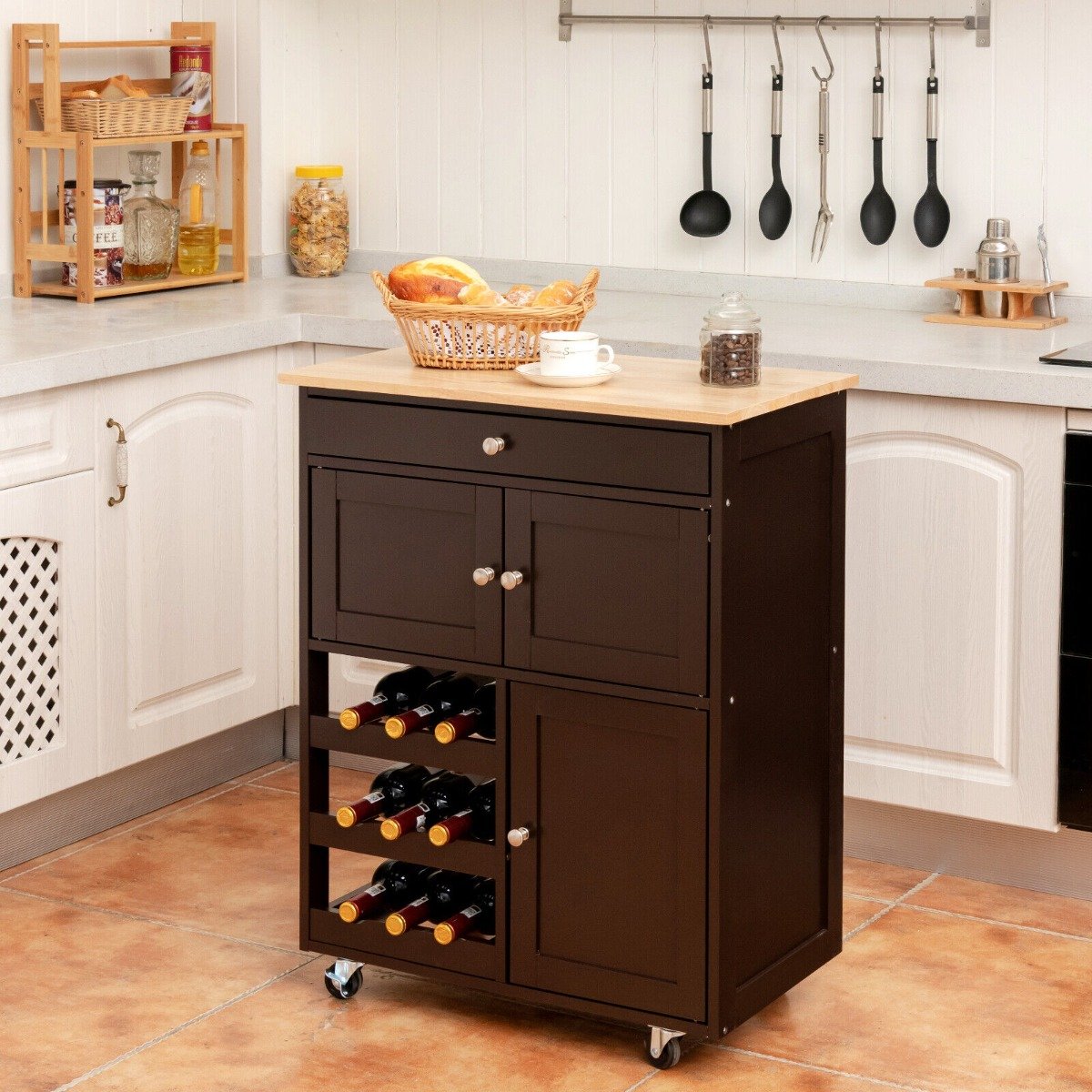 Rolling Kitchen Cart with 3 Tier Wine Racks and Cupboards-Brown