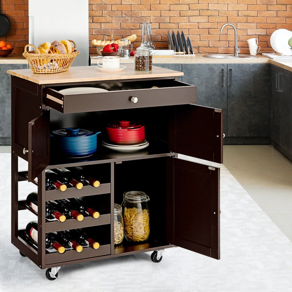 Rolling Kitchen Cart with 3 Tier Wine Racks and Cupboards-Brown
