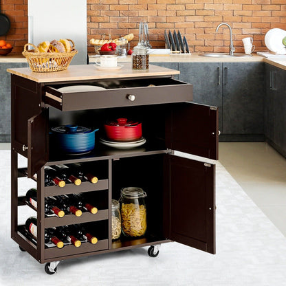 Rolling Kitchen Cart with 3 Tier Wine Racks and Cupboards-Brown